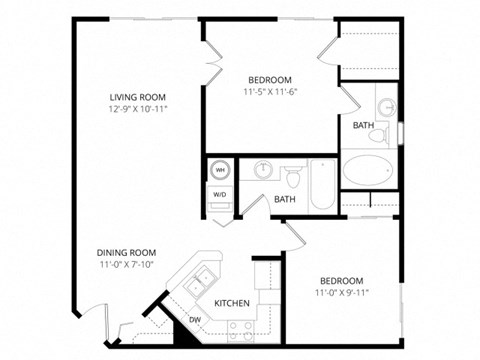 Floor plan for 2 beds, 2 baths, 833 sqft